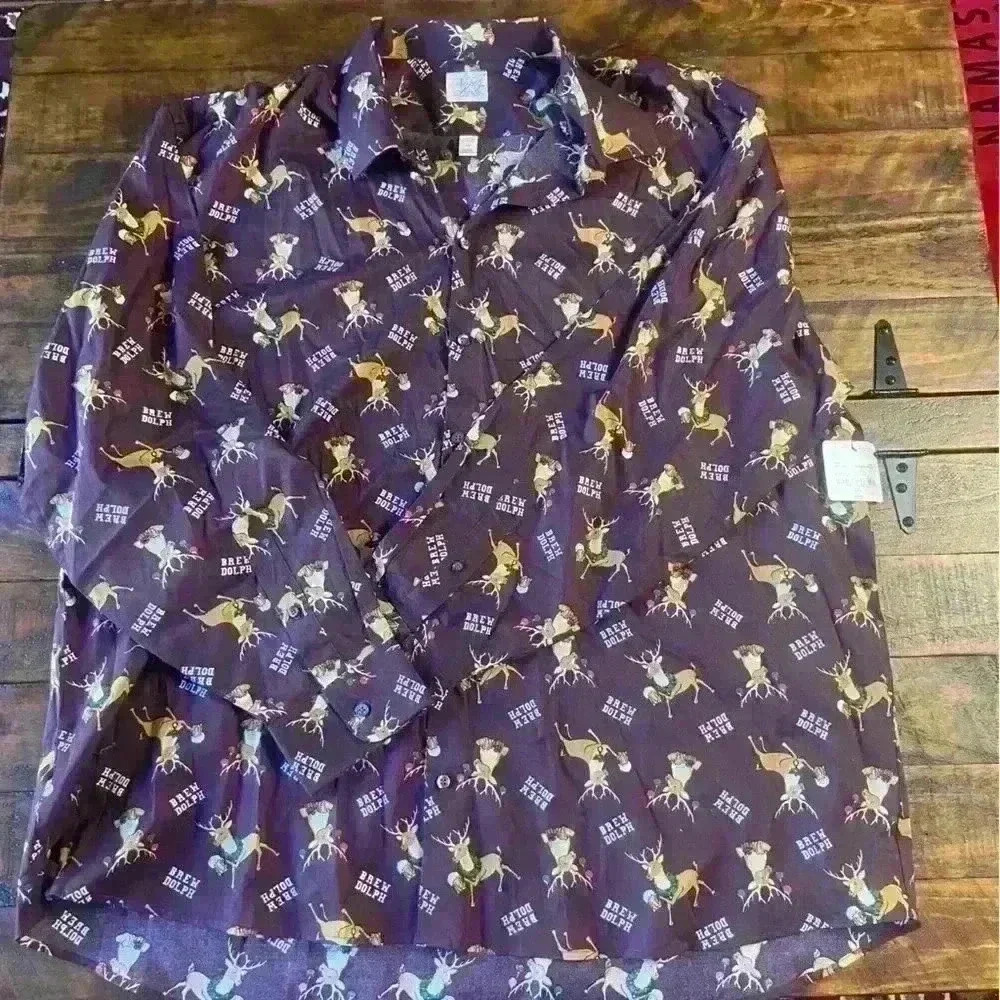 North Pole Men 2XL BREW DOLPH Allover Print Rudolph Reindeer Button Shirt NEW